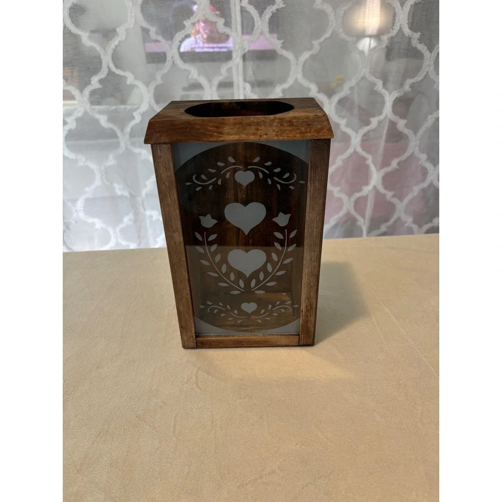 Rustic Wood Heart Etched Glass Lantern Wall Hanging Candle Holder Farmhouse